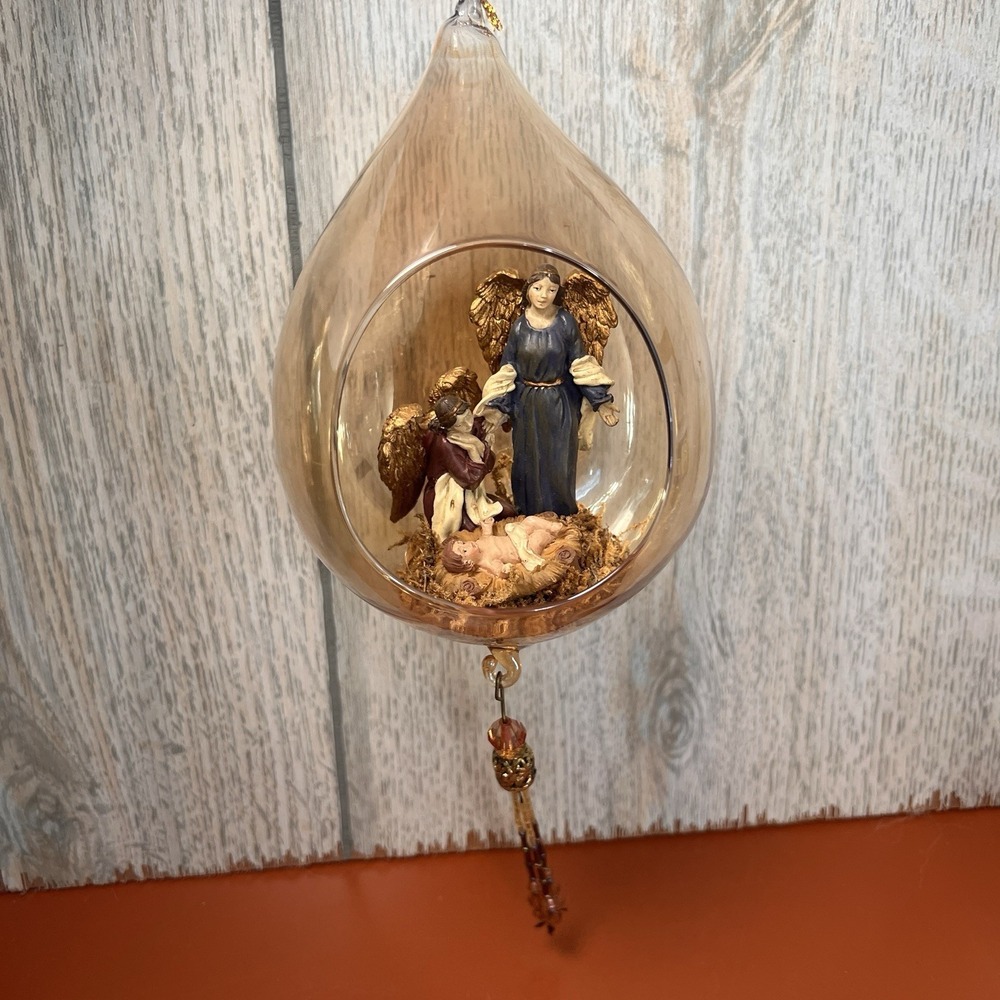 Vintage Glass Ornament Angels With Jesus Nativity Scene Teardrop diorama